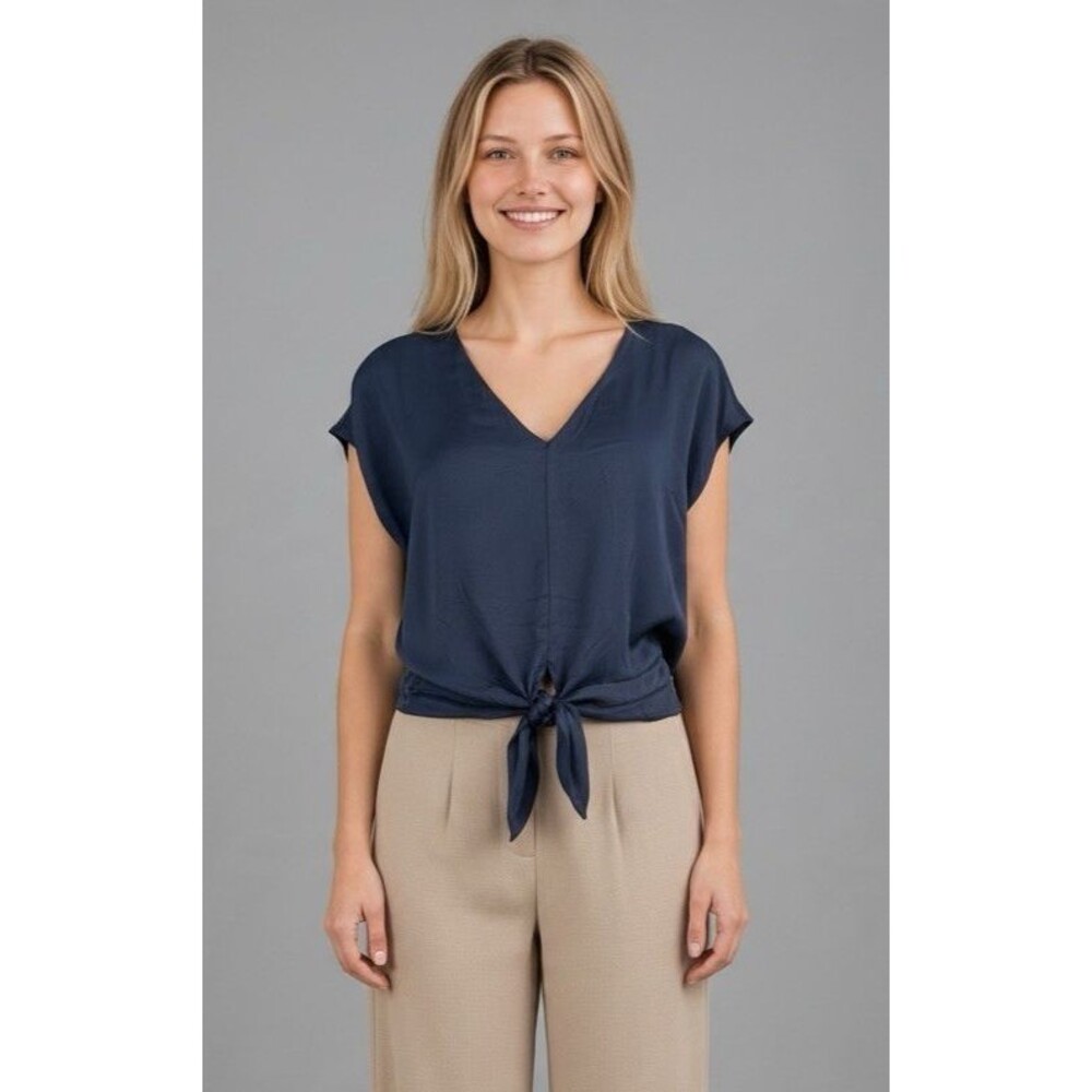 SheBird NEW womens built in bra cropped navy tie blouse size 5 US M/L
